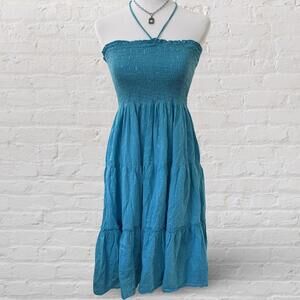y2k blue boho halter dress with sparkle details